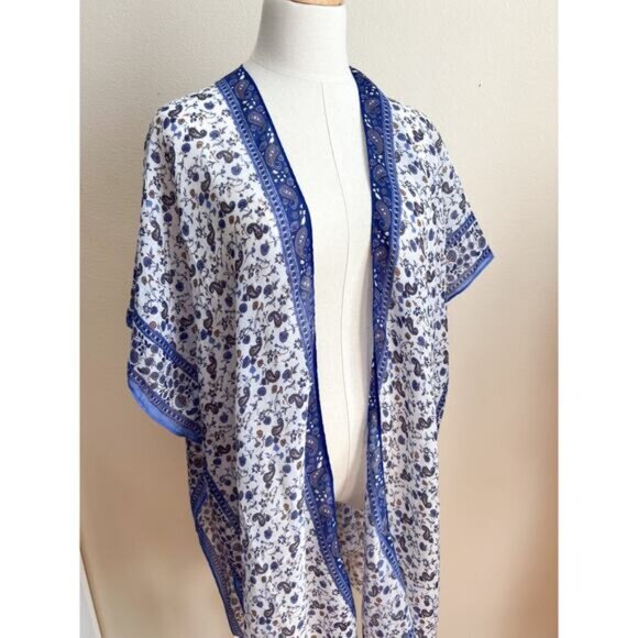 NEW Women's Boho Tassel Blue Paisley Kimono Cardigan OS Lightweight Beachy - Picture 1 of 7